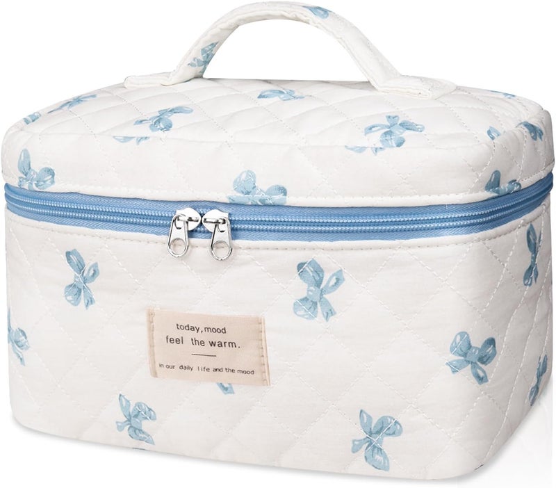 Gosect Large Makeup Bag, Cute Cosmetic Bag for Women Girls, Floral Coquette Aesthetic Toiletry Bag, Travel Make Up Organizer Bag (White Blue Butterfly Flower) - Image 1